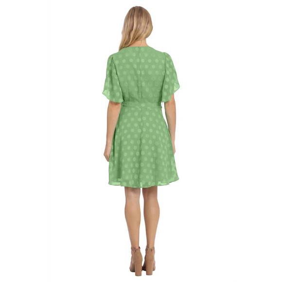 NEW LONDON TIMES caillan pleated surplice dress in absinthe green polka dot - Picture 2 of 2
